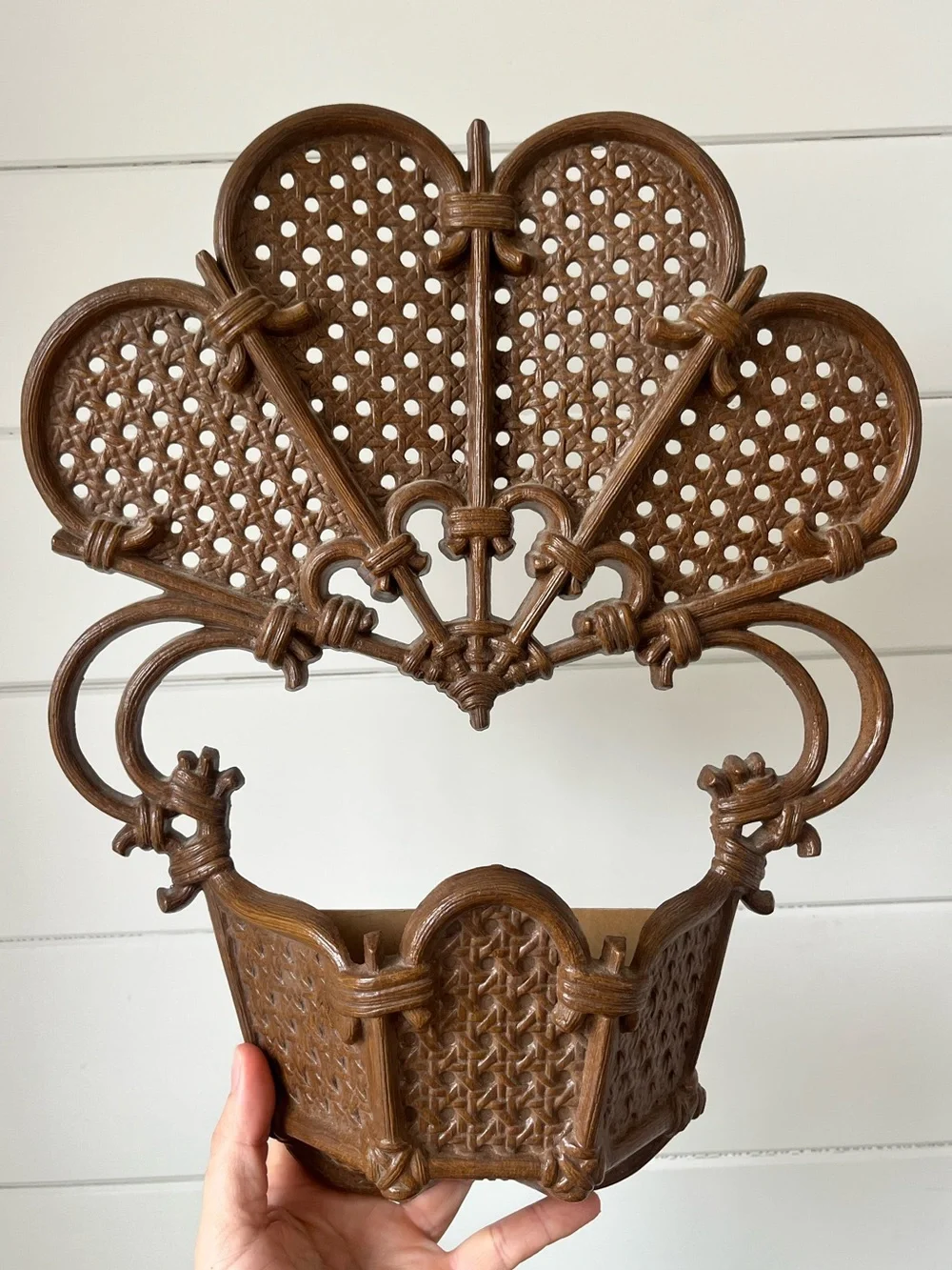 vintage brown faux wicker fan wall pocket planter, molded plastic